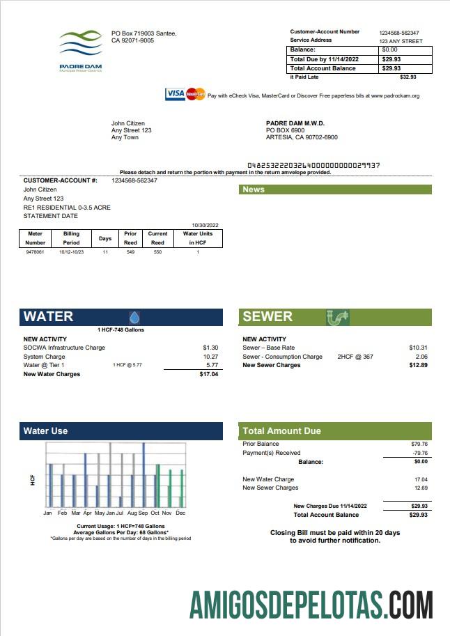Em branco modelo de conta de serviços públicos EUA Califórnia Padredam em formato Word e PDF